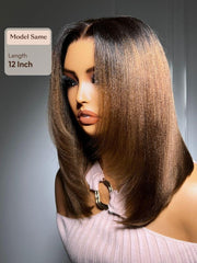 UNice 7x5 Bye Bye Slip TM Lace Black to Chestnut Brown Ombre Layered Yaki Straight Bob Wig with Invisi Drawstring