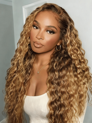 13x4 Bye Bye Slip TM Lace Frontal Bronde Color With Honey Blonde Highlights Water Wave Glueless Drawstring Wig