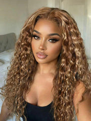 UNice 7x5 Lace Bye Bye Slip TM 200% Density Honey Blonde Highlights Water Wave Wig with Invisi Drawstring
