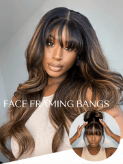 UNice 7x5 Bye Bye Knots & 13x4 Pre-Everything TM Lace Frontal Balayage Highlights Fluffy Natural Loose Wave Wispy Bangs Drawstring Wig