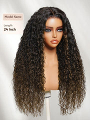 UNice 7x5 Bye Bye Slip TM Glueless Lace Black to Chestnut Brown Ombre Bouncy Water Wave Curly Wig with Invisi Drawstring
