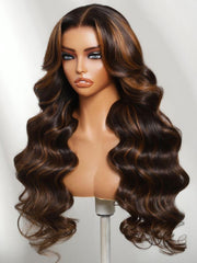 UNice 7x5 Bye Bye Slip TM Lace Rich Dark Chocolate Brown with Warm Caramel/Cinnamon Highlights Body Wave Wig