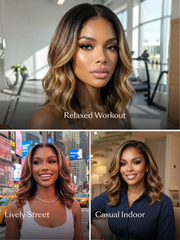 UNice 13x4 Pre-Everything TM Lace Frontal Brown With Honey Blonde Face-Framing Highlights Wavy Bob Glueless Drawstring Wig Workout Friendly Secure Fit
