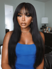 UNice Machine Made Yaki Human Hair Glueless Wispy Bangs Wig & Bye-Bye Knots 7x5 Lace Frontal Pull And Go Fluffy Natural Black Loose Wave Wig