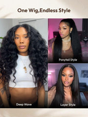UNice 13x4 HD Real Scalp TM Wig Invisible Lace Frontal Black Kinky Straight Wig With Invisi Drawstring