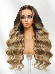 UNice 13x4 Pre-Everything TM Lace Frontal Honey Blonde Balayage With Chestnut Brown Roots Body Wave Drawstring Wig