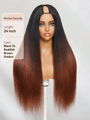 UNice InvisiBlend TM V Part Glueless Yaki Straight Natural Black Wig With Invisi Drawstring 100% Human Hair 180% Density