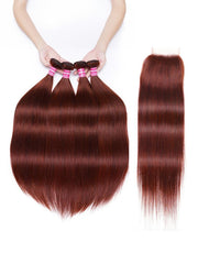 UNice Dark Auburn Straight Remy Human Hair 4 Bundles With Closure Deal