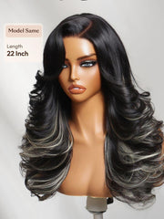 UNice Bye-Bye Slip TM 7x5 Lace Black & Ash Highlights on Black Hair Feathered Hairstyles 200% Density Wig with Side Bangs