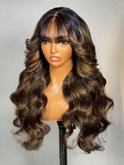 UNice 7x5 Bye Bye Knots & 13x4 Pre-Everything TM Lace Frontal Balayage Highlights Fluffy Natural Loose Wave Wispy Bangs Drawstring Wig