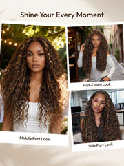 UNice 100% Human Hair Bye-Bye Knots TM 7x5 Lace Dark Toffee Brown with Auburn Highlights Water Wave Wig with Invisi Drawstring