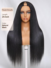 UNice InvisiBlend TM V Part Glueless Yaki Straight Natural Black Wig With Invisi Drawstring 100% Human Hair 180% Density