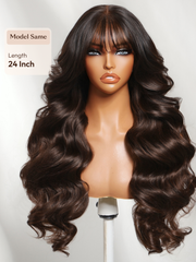 UNice 7x5 Bye Bye Slip TM Lace Black to Chocolate Brown Ombre Fluffy Loose Wave Wig with Wispy Bangs