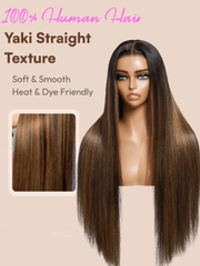 UNice Balayage Highlights 100% Human Hair 13x4 Pre-Everything TM Lace Frontal Yaki Straight Drawstring Wig