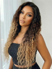 UNice No Slip 7x5 Lace Black to Brown to Blonde Ombre Water Wave Glueless Human Wig with Invisi Drawstring