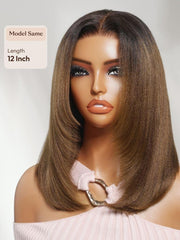 UNice 7x5 Bye Bye Slip TM Lace Black to Chestnut Brown Ombre Layered Yaki Straight Bob Wig with Invisi Drawstring