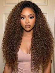 UNice 7x5 Bye Bye Slip TM Lace Warm Caramel Brown with Dark Roots Natural Afro Curly Wig with Invisi Drawstring