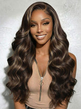 UNice 7x5 Bye Bye Slip TM Lace Frontal Dark Chocolate Brown with Caramel Highlights Body Wave Wig with Side Part Bangs
