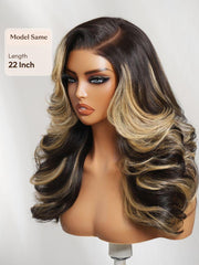 UNice 7x5 Bye-Bye Slip TM Lace Black With Platinum Blonde Highlights Side Part Loose Curls Wigs With Feathered Hair