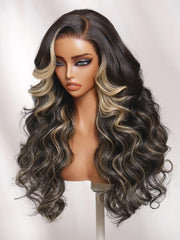 UNice 7x5 Bye Bye Slip TM Lace Black With Blonde Face-Framing Highlights Body Wave Wig with Side Part Bangs