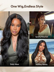 UNice InvisiBlend TM V Part Glueless Yaki Straight Natural Black Wig With Invisi Drawstring 100% Human Hair 180% Density