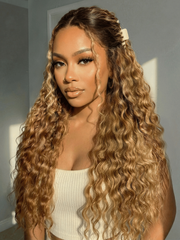 13x4 Bye Bye Slip TM Lace Frontal Bronde Color With Honey Blonde Highlights Water Wave Glueless Drawstring Wig