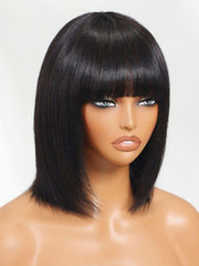 UNice Straight Bob Black Wig Human Hair Glueless Wig with Blunt Bangs