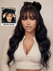 7x5 Bye-Bye Knots TM & 13x4 Pre-Everything TM Pull & Go Black Fluffy Loose Wave Wispy Bangs Glueless Wig