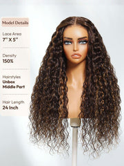 UNice 100% Human Hair Bye-Bye Knots TM 7x5 Lace Dark Toffee Brown with Auburn Highlights Water Wave Wig with Invisi Drawstring