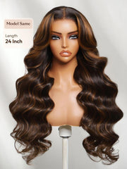 UNice 7x5 Bye Bye Slip TM Lace Rich Dark Chocolate Brown with Warm Caramel/Cinnamon Highlights Body Wave Wig