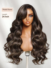 UNice 7x5 Bye Bye Slip TM Lace Frontal Dark Chocolate Brown with Caramel Highlights Body Wave Wig with Side Part Bangs