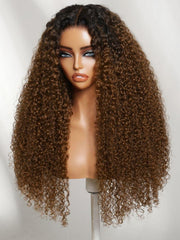 UNice 7x5 Bye Bye Slip TM Lace Warm Caramel Brown with Dark Roots Natural Afro Curly Wig with Invisi Drawstring