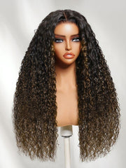 UNice 7x5 Bye Bye Slip TM Glueless Lace Black to Chestnut Brown Ombre Bouncy Water Wave Curly Wig with Invisi Drawstring