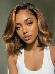 UNice 13x4 Pre-Everything TM Lace Frontal Brown With Honey Blonde Face-Framing Highlights Wavy Bob Glueless Drawstring Wig Workout Friendly Secure Fit