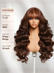 UNice 7x5 & 13x4 Bye Bye Slip TM Lace Auburn/Red Brown Fluffy Loose Wave Wig with Wispy Bangs 180% Density