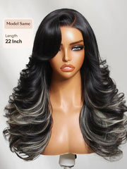 UNice Bye-Bye Slip TM 7x5 Lace Black & Ash Highlights on Black Hair Feathered Hairstyles 200% Density Wig with Side Bangs