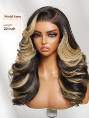 UNice 7x5 Bye-Bye Slip TM Lace Black With Platinum Blonde Highlights Side Part Loose Curls Wigs With Feathered Hair
