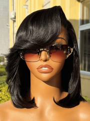 UNice 7x5 Bye-Bye Knots & 4x4 Lace Closure Black Bob Wig With Side Swept Bangs
