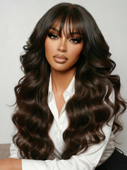 UNice 7x5 Bye Bye Slip TM Lace Black to Chocolate Brown Ombre Fluffy Loose Wave Wig with Wispy Bangs