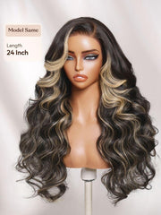 UNice 7x5 Bye Bye Slip TM Lace Black With Blonde Face-Framing Highlights Body Wave Wig with Side Part Bangs