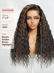 UNice Bye-Bye Knots 7x5 Lace Water Wave Black Wig With Golden Brown Highlights 150% Density Perfect Beach