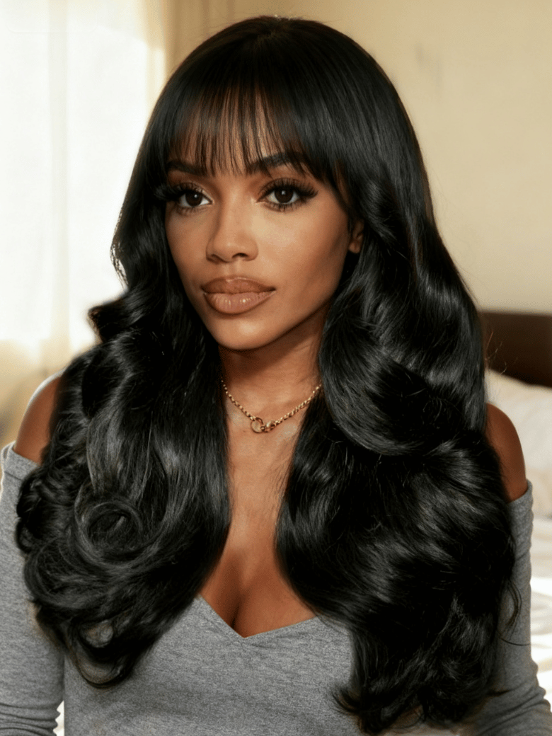 UNice Machine Made Yaki Human Hair Glueless Wispy Bangs Wig & Bye-Bye Knots 7x5 Lace Frontal Pull And Go Fluffy Natural Black Loose Wave Wig