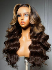 UNice 360 HD Lace Pre-plucked Luxury Raw Virgin Hair Chocolate Brown Balayage Body Wave Wig with Money Piece Highlights