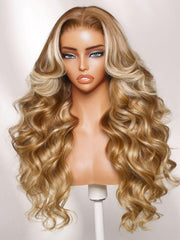 UNice 13x4 Bye Bye Slip TM Lace Frontal Honey Blonde with Beige Highlights Loose Wave Wig with Face Framing Layers