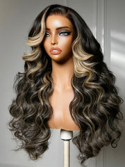 UNice 7x5 Bye Bye Slip TM Lace Black With Blonde Face-Framing Highlights Body Wave Wig with Side Part Bangs