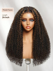UNice 7x5 Bye Bye Slip TM Lace Black with Golden Brown Highlights Kinky Curly Wig with Invisi Drawstring