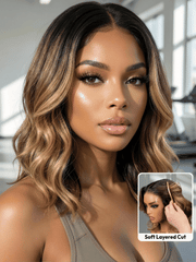 UNice 13x4 Pre-Everything TM Lace Frontal Brown With Honey Blonde Face-Framing Highlights Wavy Bob Glueless Drawstring Wig Workout Friendly Secure Fit