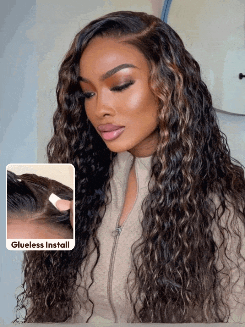 UNice Bye-Bye Knots 7x5 Lace Water Wave Black Wig With Golden Brown Highlights 150% Density Perfect Beach