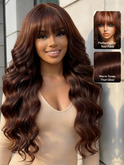 UNice 7x5 & 13x4 Bye Bye Slip TM Lace Auburn/Red Brown Fluffy Loose Wave Wig with Wispy Bangs 180% Density