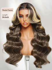 UNice 13x4 Bye Bye Slip TM Lace Frontal Honey Brown Loose Wave Drawstring Wig with Golden Blonde Face Framing Layers